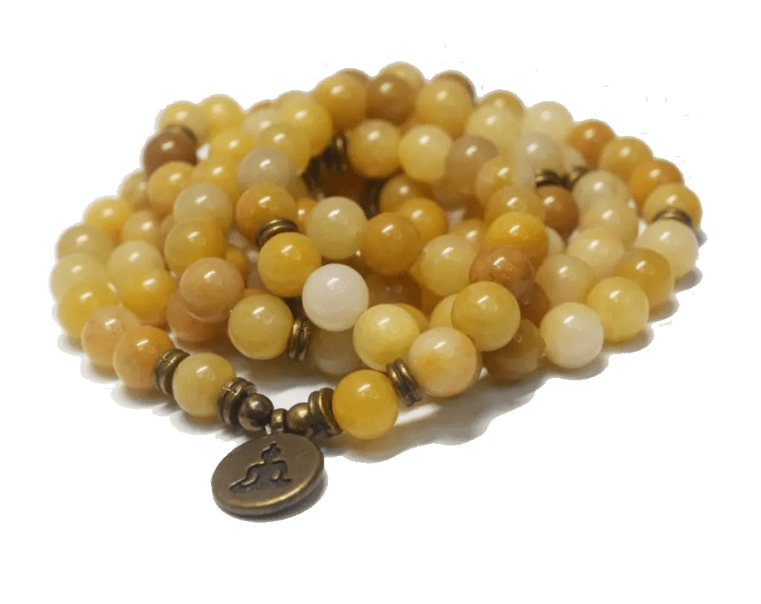 Yellow Jade Handmade Yoga Mala Beads Necklace - Karma Nirvana Meditation  8mm Prayer Beads w/ Copper Guru Bead For Awakening Chakra Kundalini