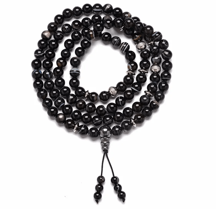 Wacunda Black Agate Prayer 108 Beads Mala Mantra Beaded Necklace